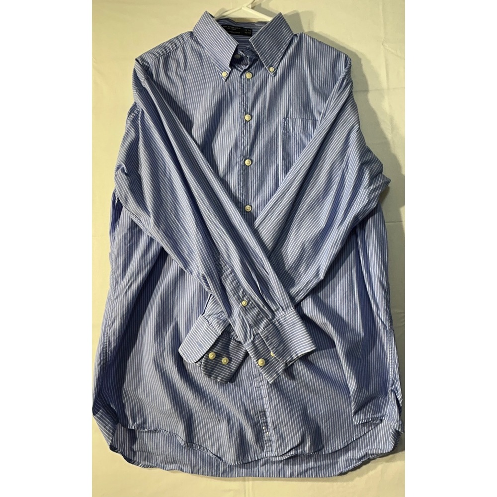 Nautica Mens Blue White Striped Cotton Button Down Shirt 15.5 32/33 Long Sleeve
